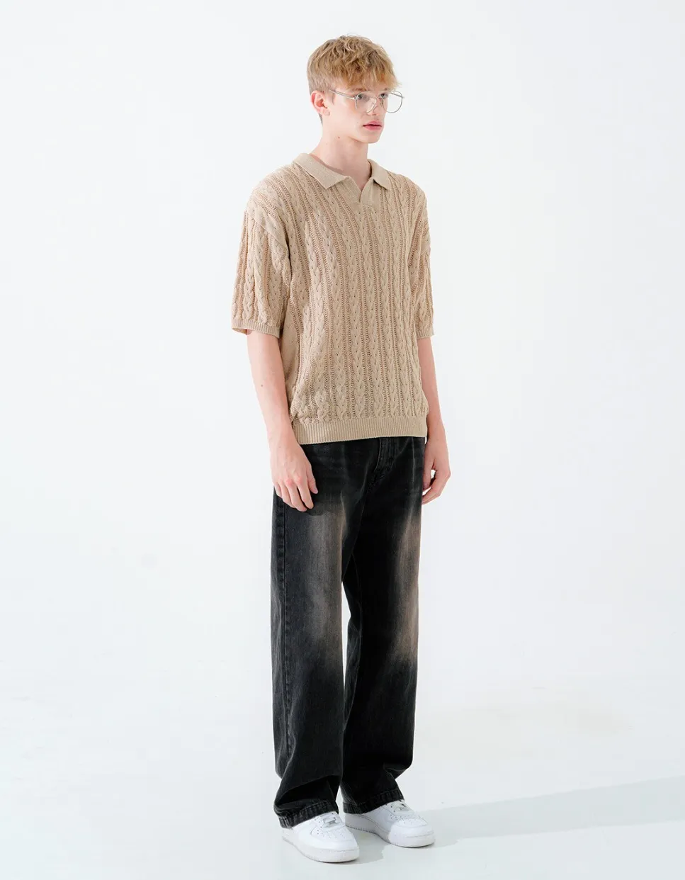 WV PROJECT  |[WV PROJECT]★SCASH CABLE OPEN COLLAR SHORT SLEEVE KNIT