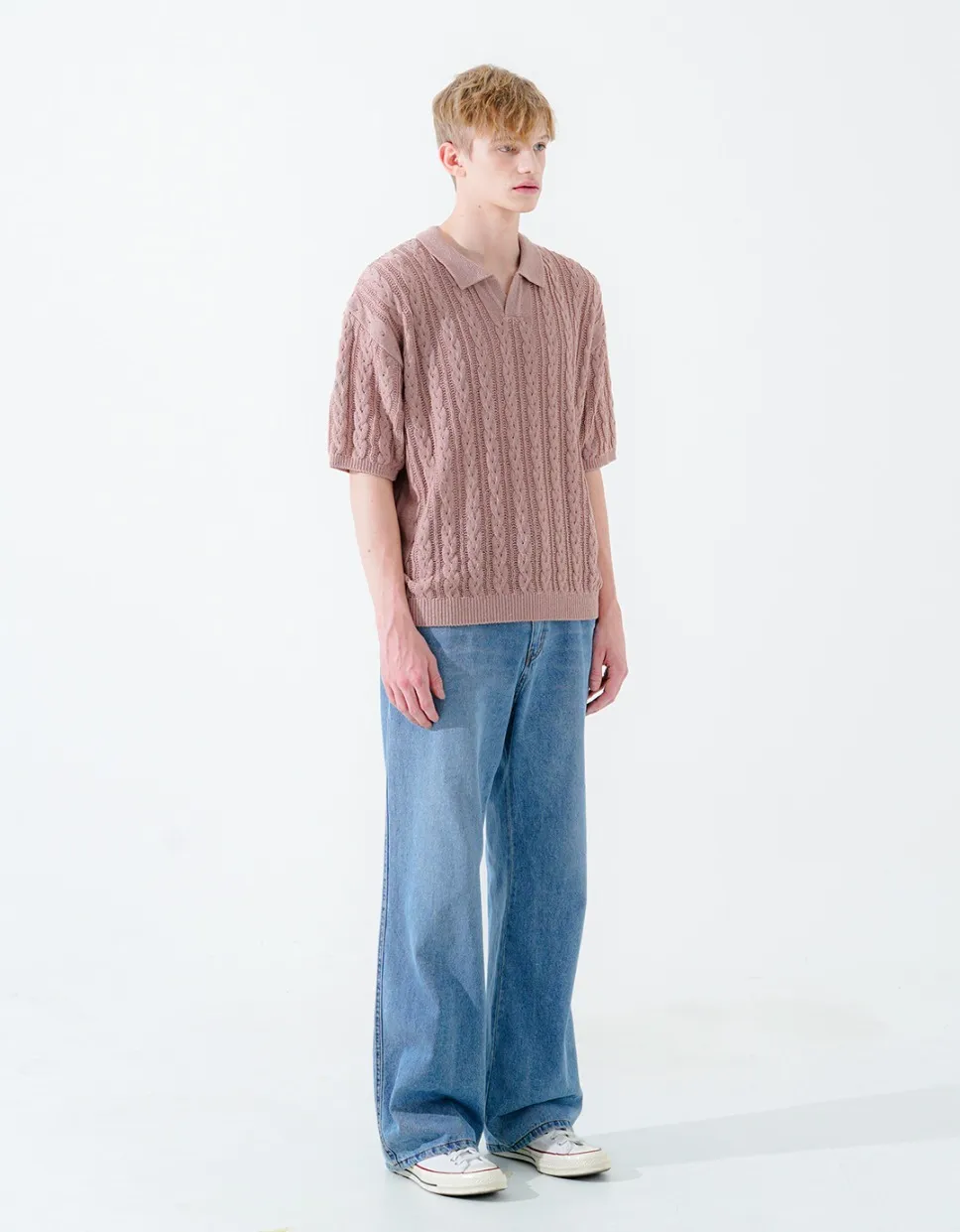 WV PROJECT  |[WV PROJECT]★SCASH CABLE OPEN COLLAR SHORT SLEEVE KNIT