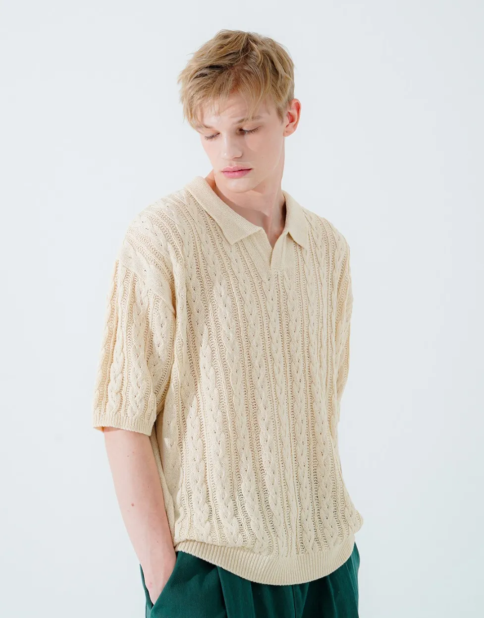 WV PROJECT  |[WV PROJECT]★SCASH CABLE OPEN COLLAR SHORT SLEEVE KNIT