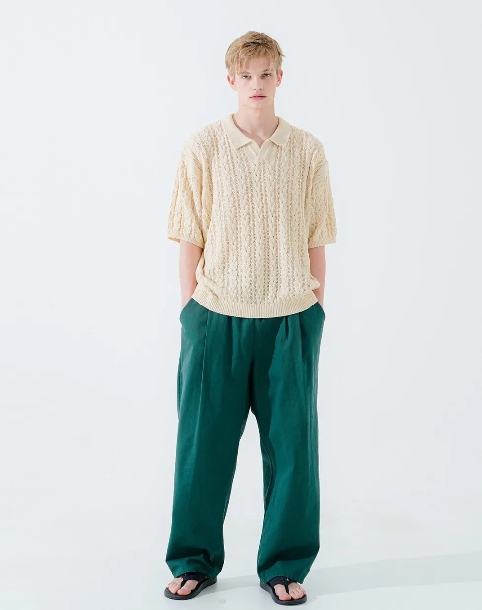 WV PROJECT  |[WV PROJECT]★SCASH CABLE OPEN COLLAR SHORT SLEEVE KNIT