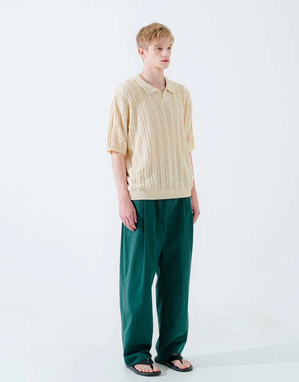 WV PROJECT  |[WV PROJECT]★SCASH CABLE OPEN COLLAR SHORT SLEEVE KNIT