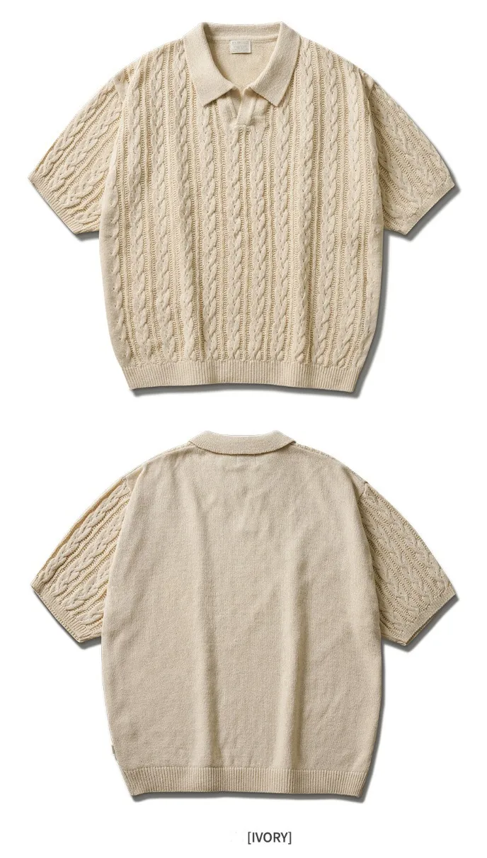 WV PROJECT  |[WV PROJECT]★SCASH CABLE OPEN COLLAR SHORT SLEEVE KNIT