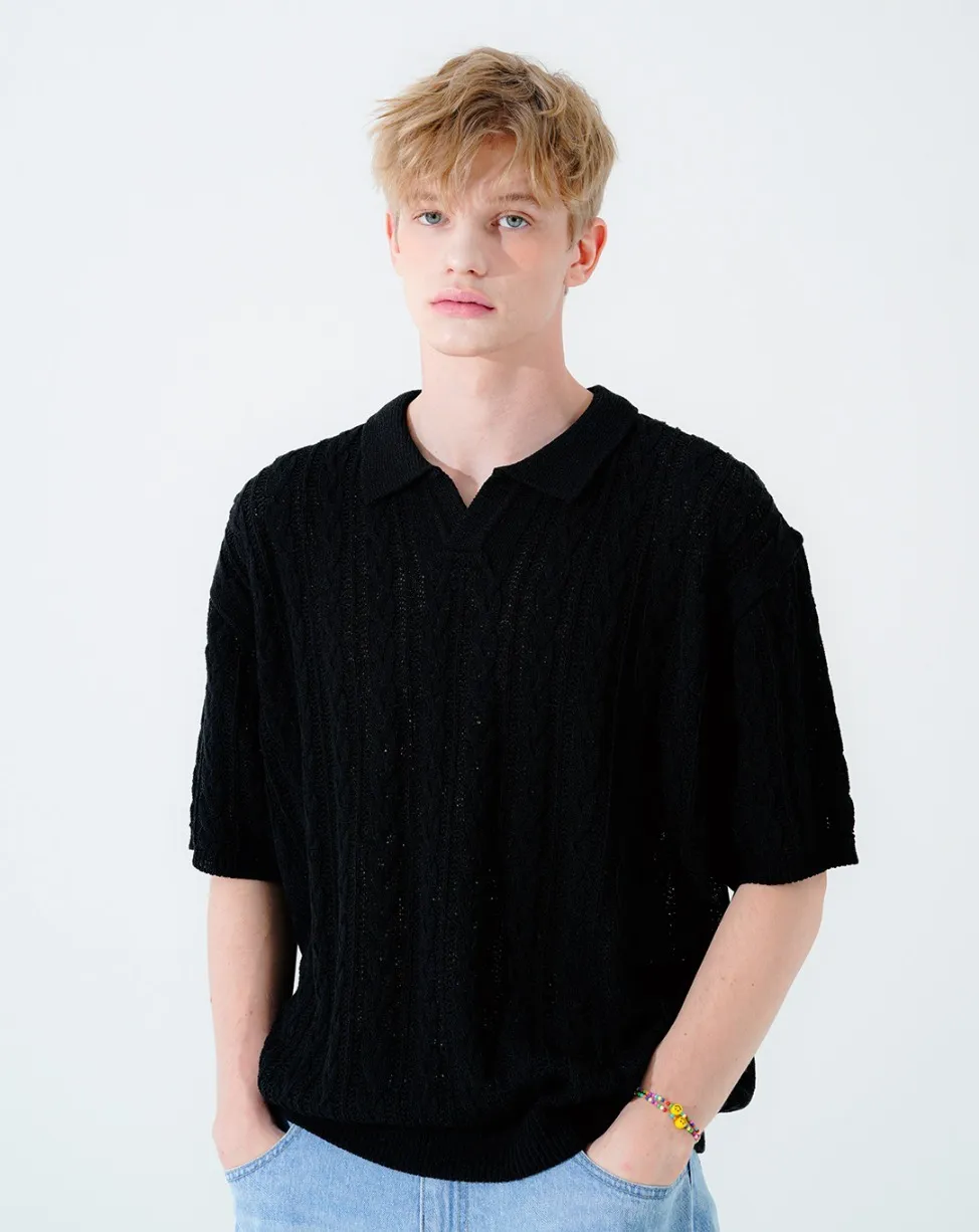 WV PROJECT  |[WV PROJECT]★SCASH CABLE OPEN COLLAR SHORT SLEEVE KNIT