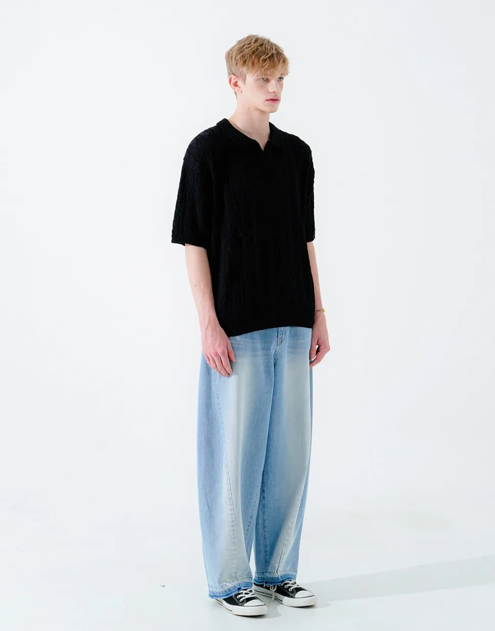 WV PROJECT  |[WV PROJECT]★SCASH CABLE OPEN COLLAR SHORT SLEEVE KNIT